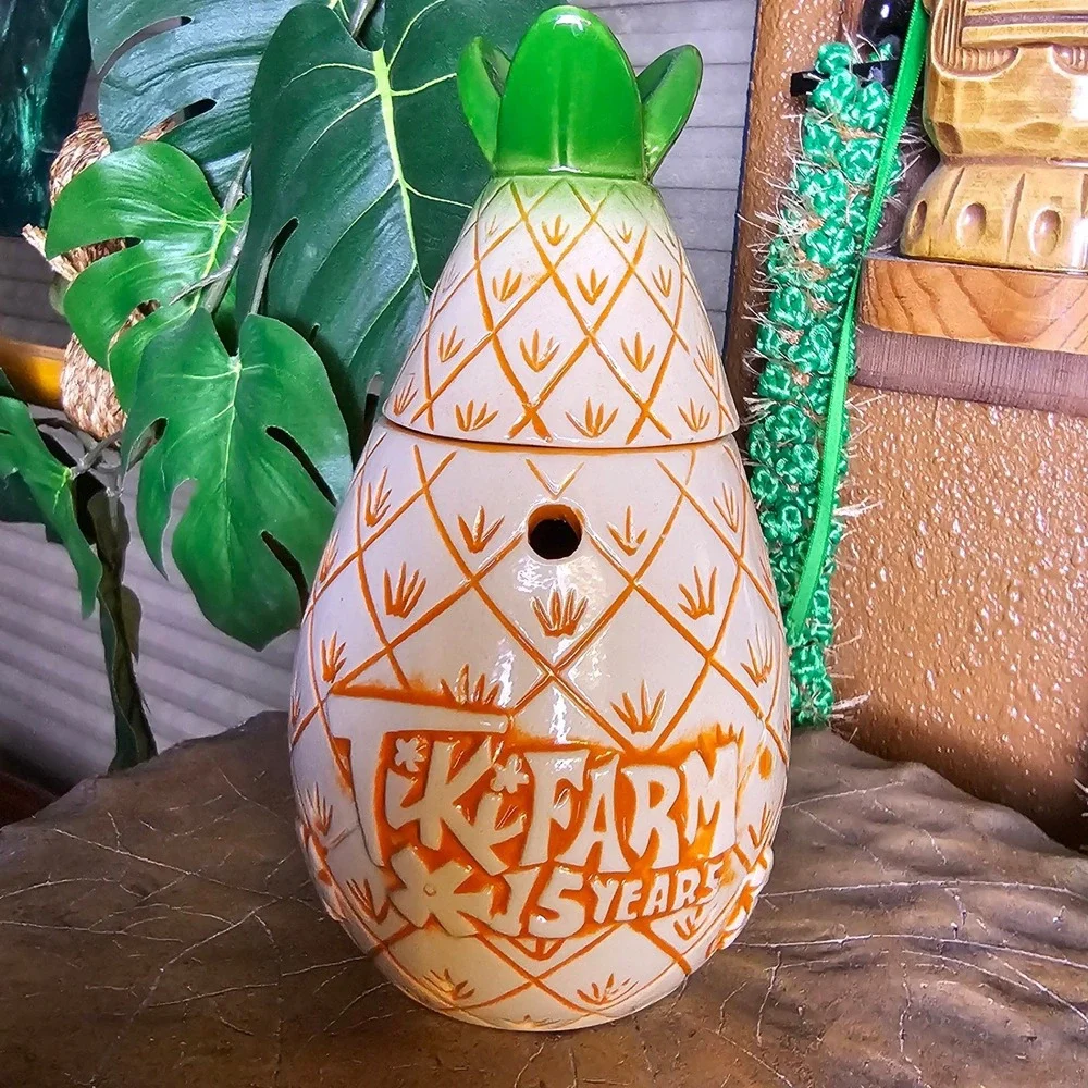 2015 Tiki Farm Poko Ono Lidded Pineapple Tiki Mug 16oz Ken Ruzic Orange Glaze